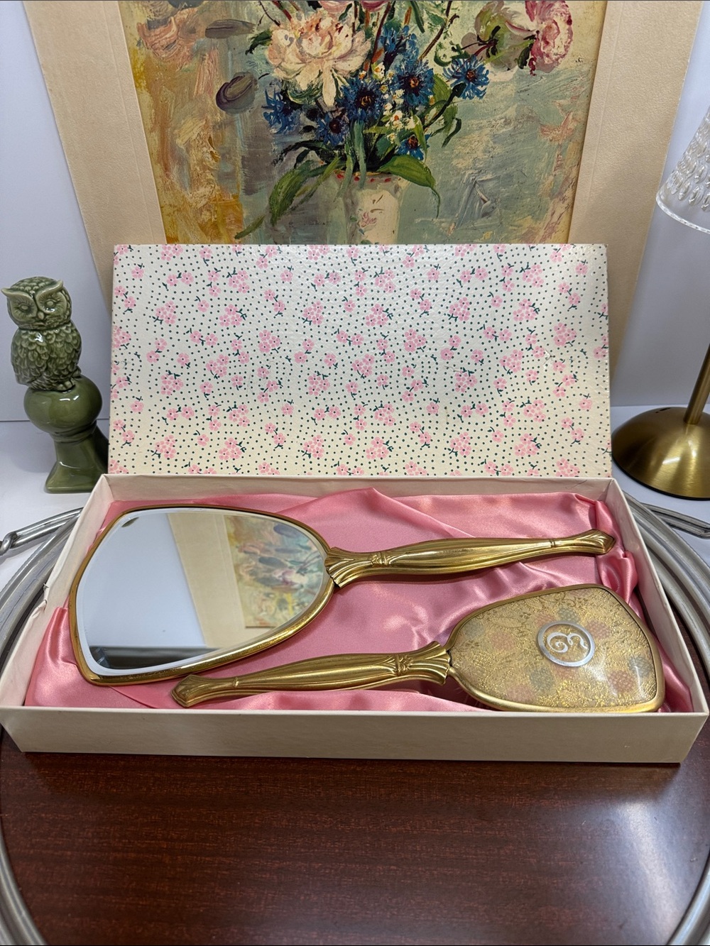 Vintage Mid-Century Gold-Tone Hand Mirror & Hair Brush Set with Box